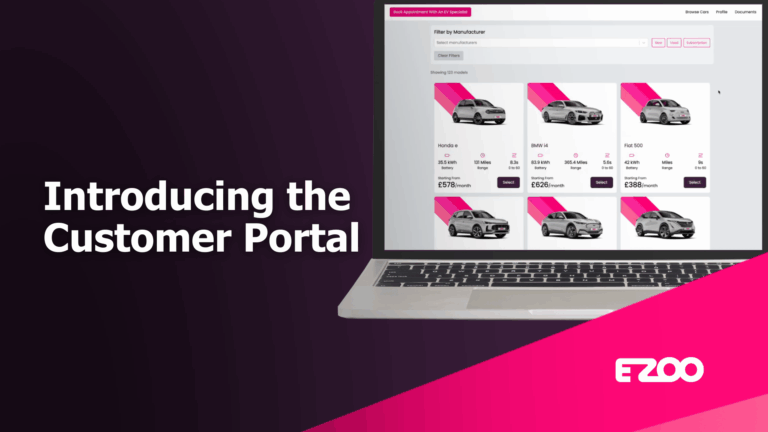 EZOO customer portal shown on a laptop screen, displaying a wide range of new and used electric cars available through salary sacrifice, with prices and specifications visible. Text reads: “Introducing the Customer Portal.”