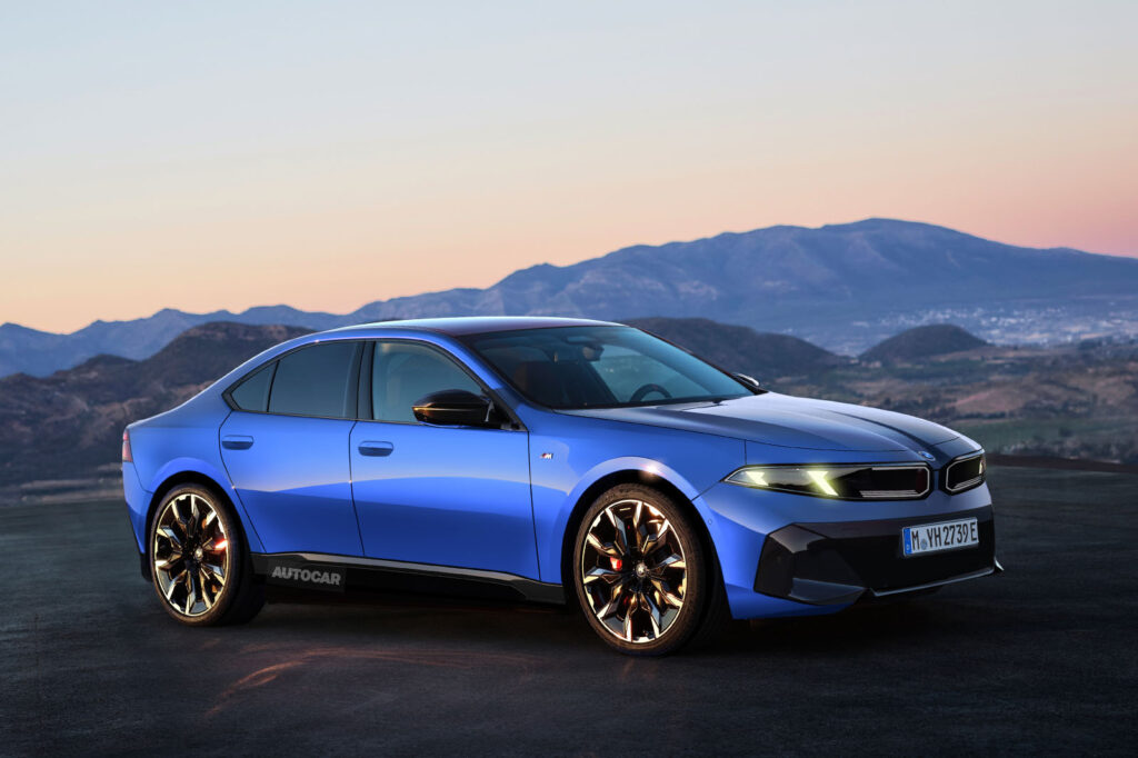 BMW i3 Neue Klasse electric car in blue driving on a road with a modern saloon design